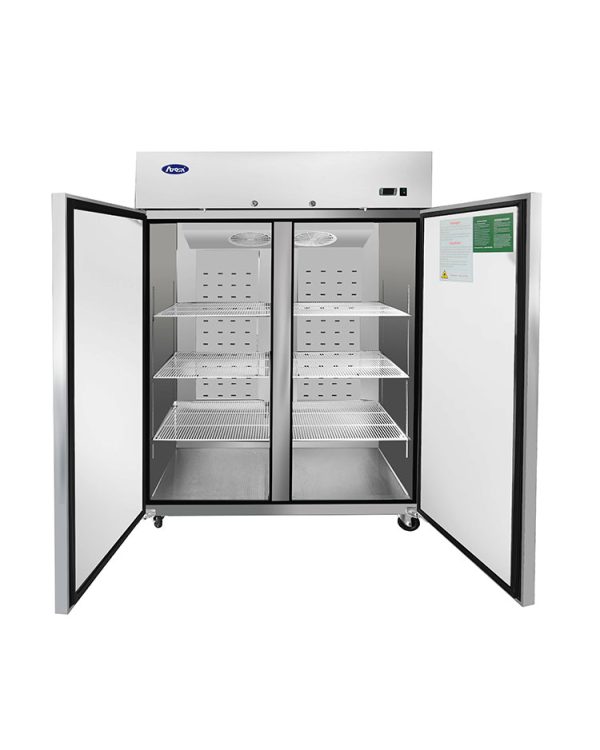 A large, stainless steel Atosa Refrigerator with both doors open, revealing five adjustable wire shelves inside. The interior is empty, and the unit features a digital control panel on the top right. As a professional reach-in refrigerator, it includes a warning label on the inside of the left door.