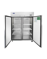 A large, stainless steel Atosa Refrigerator with both doors open, revealing five adjustable wire shelves inside. The interior is empty, and the unit features a digital control panel on the top right. As a professional reach-in refrigerator, it includes a warning label on the inside of the left door.