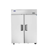 A large, white, commercial reach-in refrigerator with two vertical doors, each with a black handle. It has a digital display on the upper right, sits on wheels, and features the Arctic Air blue logo on the upper left. The background is plain white.