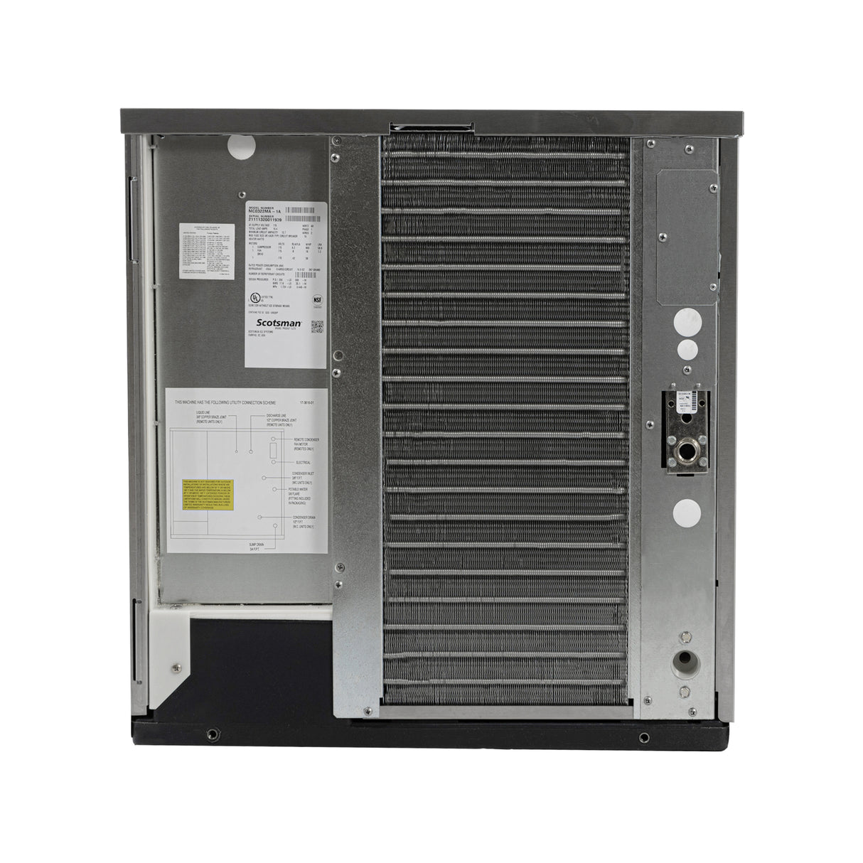 A rear view of the Prodigy ELITE® Ice Maker reveals exposed metal components, a large vented panel on the right, wiring, technical labels, a circuit board, and ports. The rectangular unit features a silver and black exterior and supports medium cube size production.
