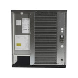 A rear view of the Prodigy ELITE® Ice Maker reveals exposed metal components, a large vented panel on the right, wiring, technical labels, a circuit board, and ports. The rectangular unit features a silver and black exterior and supports medium cube size production.