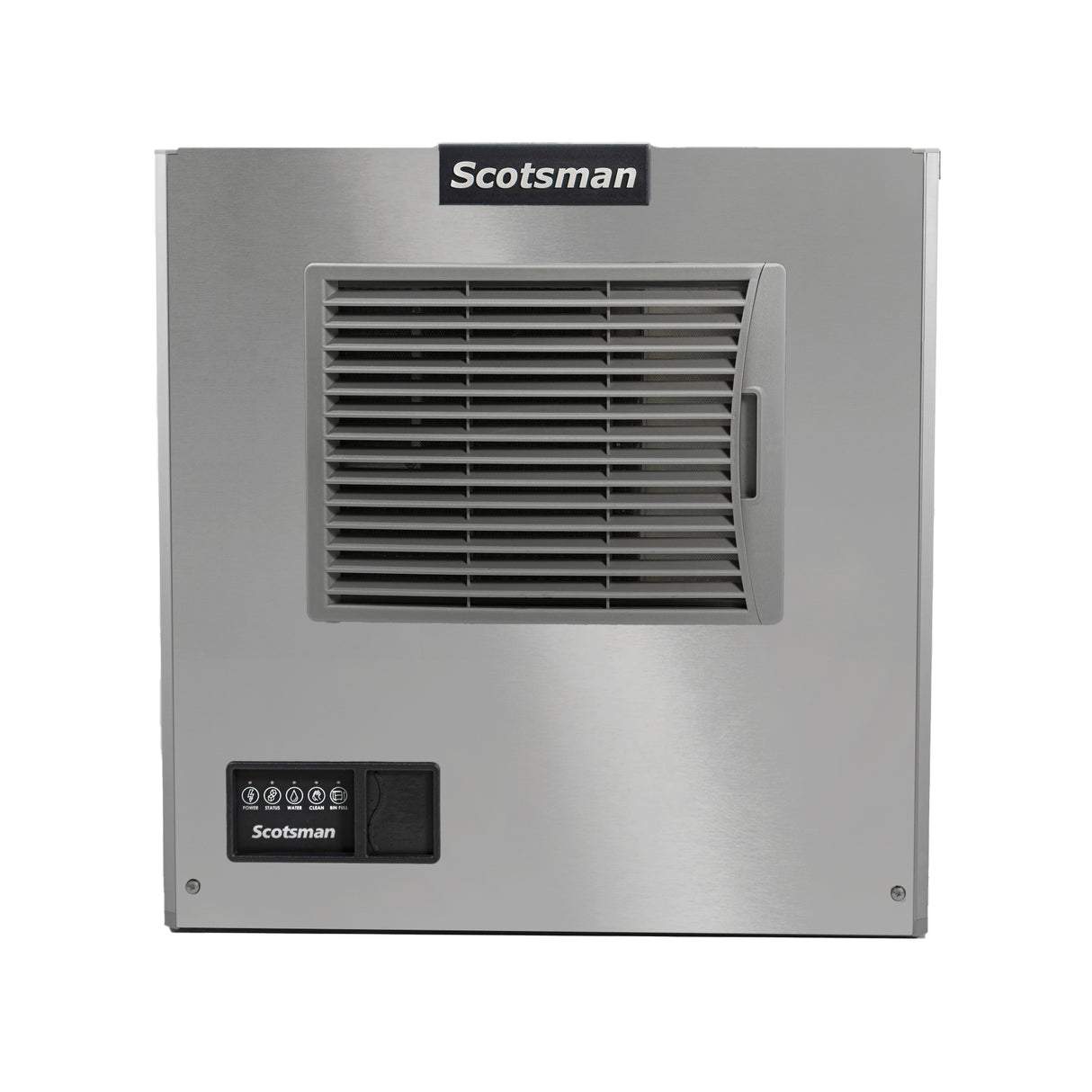 Front view of a stainless steel Scotsman air-cooled ice maker. The unit features a large central air vent with horizontal slats, a small control panel with buttons and icons below to the left, and the Scotsman logo at the top above the panel.