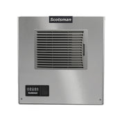 Front view of a stainless steel Scotsman air-cooled ice maker with a large central vent, Scotsman logo at the top, and a black control panel on the lower left side. Produces ice in a small cube size for versatile use.