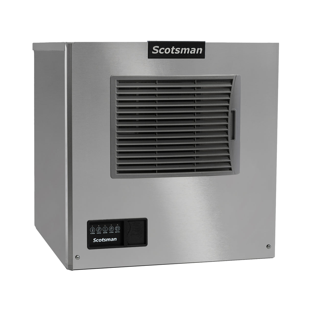 A stainless steel air-cooled Scotsman ice maker with a front-facing vented grill, a control panel with four buttons, and the Scotsman logo displayed on top. The machine features a sleek, boxy design and produces medium cube ice in a brushed metal finish.