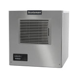 A stainless steel Scotsman air-cooled ice maker with a front-facing vent grill, control panel, and logo produces a small cube size. The machine features a boxy, industrial design and is positioned against a plain white background.