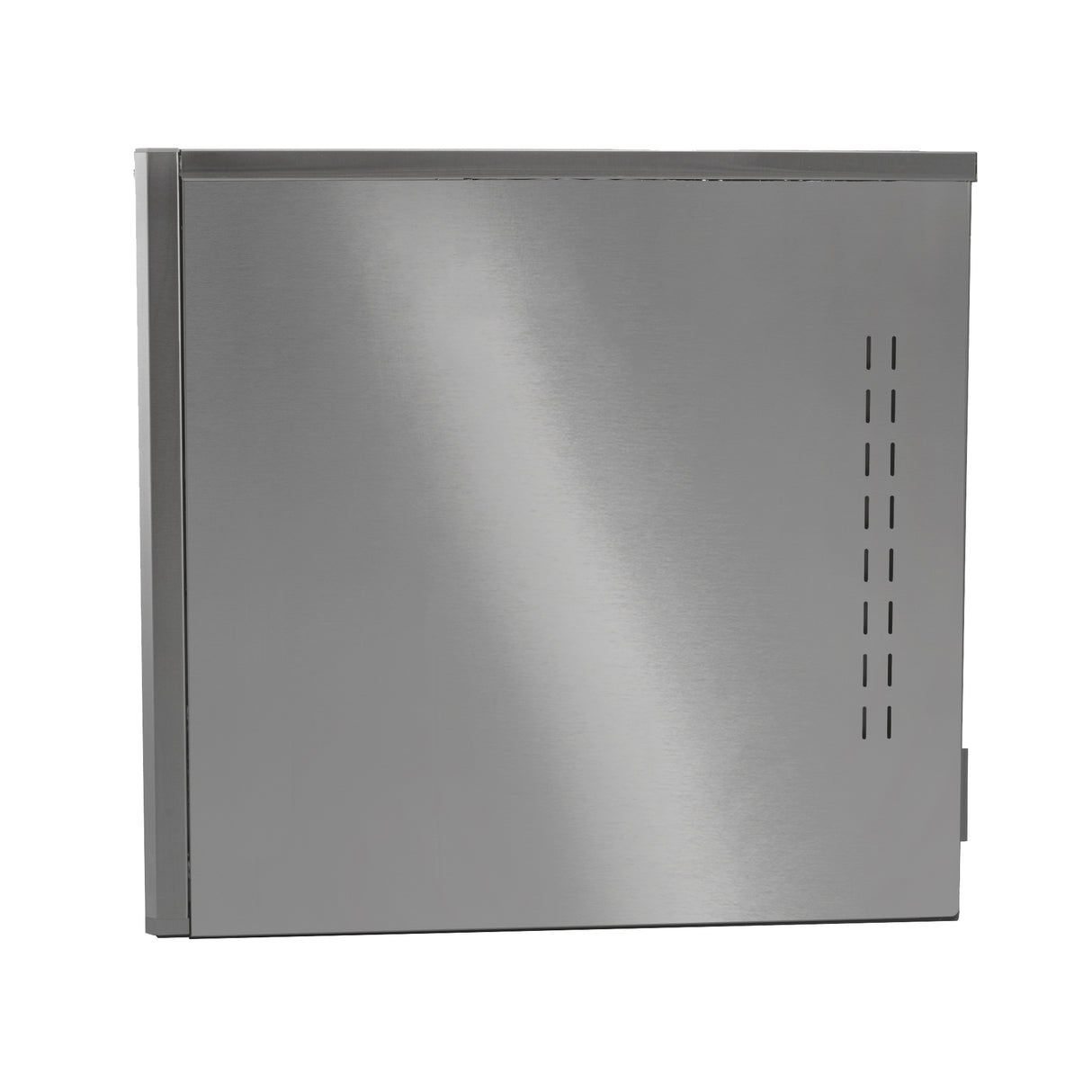 A silver, rectangular metal cabinet with a smooth, brushed finish; vertical slits for ventilation are on the right side. This air-cooled ice maker features a clean, modern appearance and is shown against a plain white background.