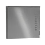 A silver, rectangular metal cabinet with a smooth, brushed finish; vertical slits for ventilation are on the right side. This air-cooled ice maker features a clean, modern appearance and is shown against a plain white background.