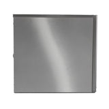 A square metallic cabinet with a brushed stainless steel finish, viewed from the front. This air-cooled ice maker features a plain, unmarked door with a subtle horizontal seam at the top and a small hinge visible on the right edge.