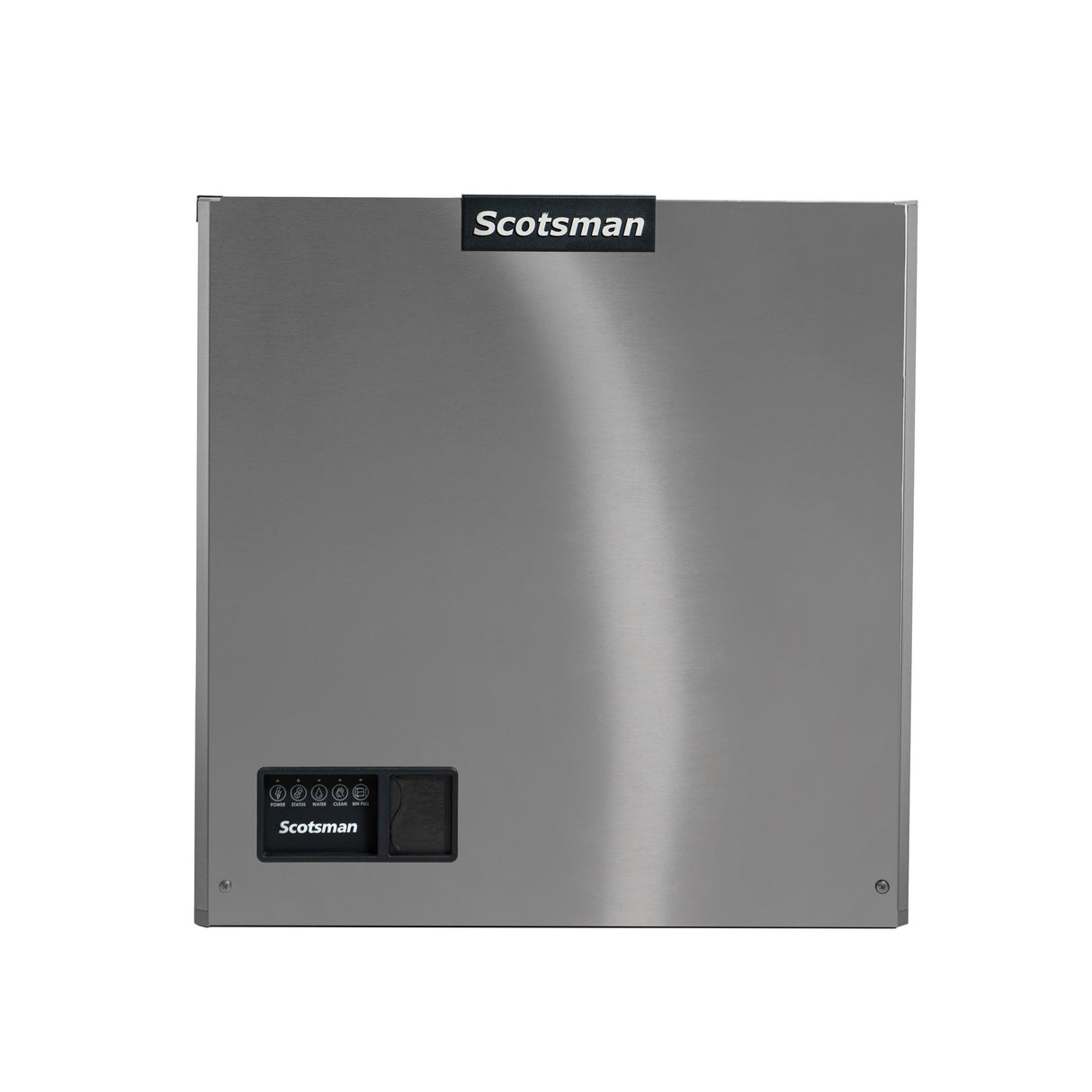 A stainless steel Prodigy ELITE Ice Maker front panel with a black Scotsman logo at the top. The lower left corner features a control panel with buttons and indicator lights. The minimal, industrial design boasts a smooth metallic finish.