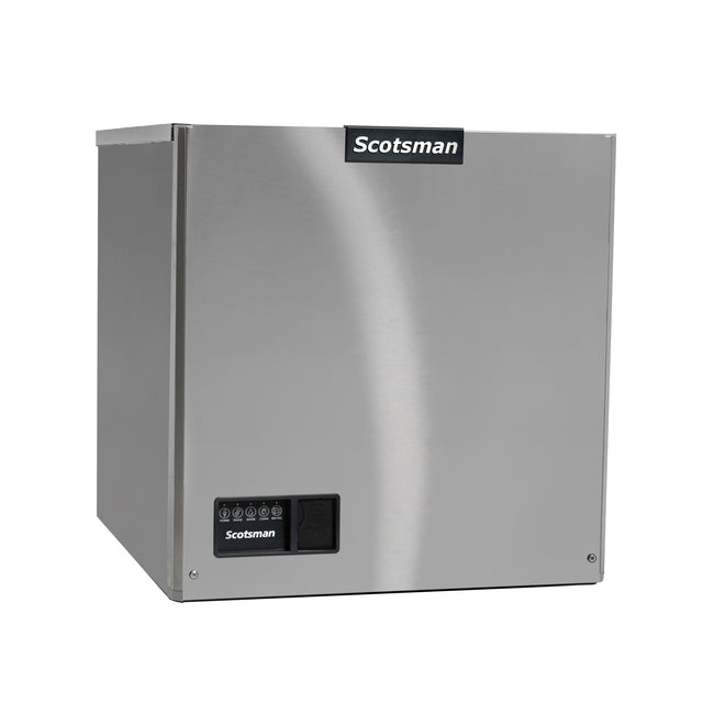 A stainless steel Prodigy ELITE Ice Maker by Scotsman with a sleek, boxy design. The Scotsman logo is displayed at the top, and on the lower left is a control panel with buttons, indicators, and a small display screen for easy operation.
