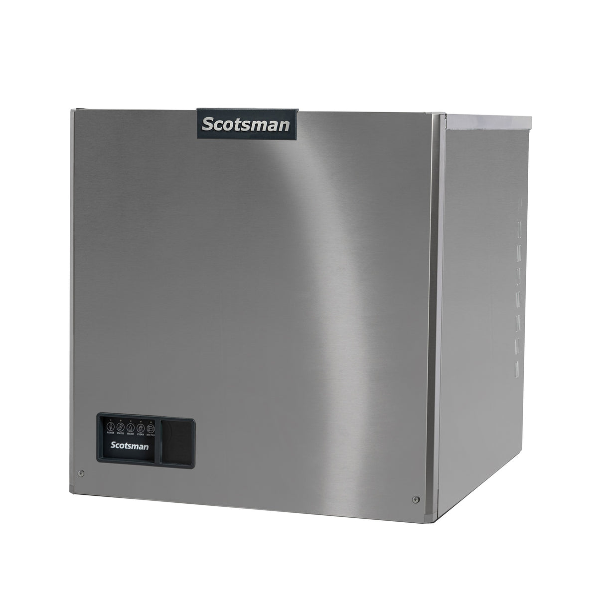 A Prodigy ELITE Ice Maker by Scotsman, this stainless steel ice maker features a sleek rectangular design, digital control panel on the lower left, and the Scotsman logo above. Its smooth, reflective surface includes subtle shadowing on the left side.