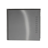 A stainless steel water-cooled ice maker viewed from the side, featuring a smooth metal surface with vertical ventilation slits on the right. The appliance has a sleek, modern design with a slightly reflective finish and clean lines. No branding or controls are visible.