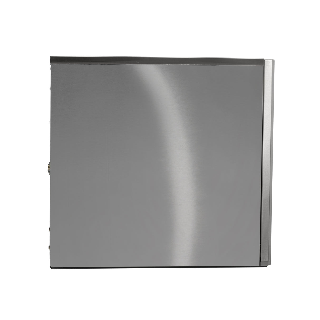 A stainless steel refrigerator door viewed from the side against a white background. The smooth, brushed metal finish and a vertical handle on the right edge evoke the sleek look of a Prodigy ELITE Ice Maker, with no logos, buttons, or windows visible.