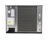 A rectangular, cube style metal HVAC air handler unit with a large black coil in the center, an open panel revealing wiring, factory labels, and a small control box on the right side. The air-cooled unit is photographed against a white background.