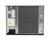 A large metal Prodigy ELITE HVAC evaporator coil unit is shown facing front. The right side displays a dense grid of air-cooled fins, while the left features a panel with technical diagrams, labels, and a yellow sticker. Tubing and controls are included.