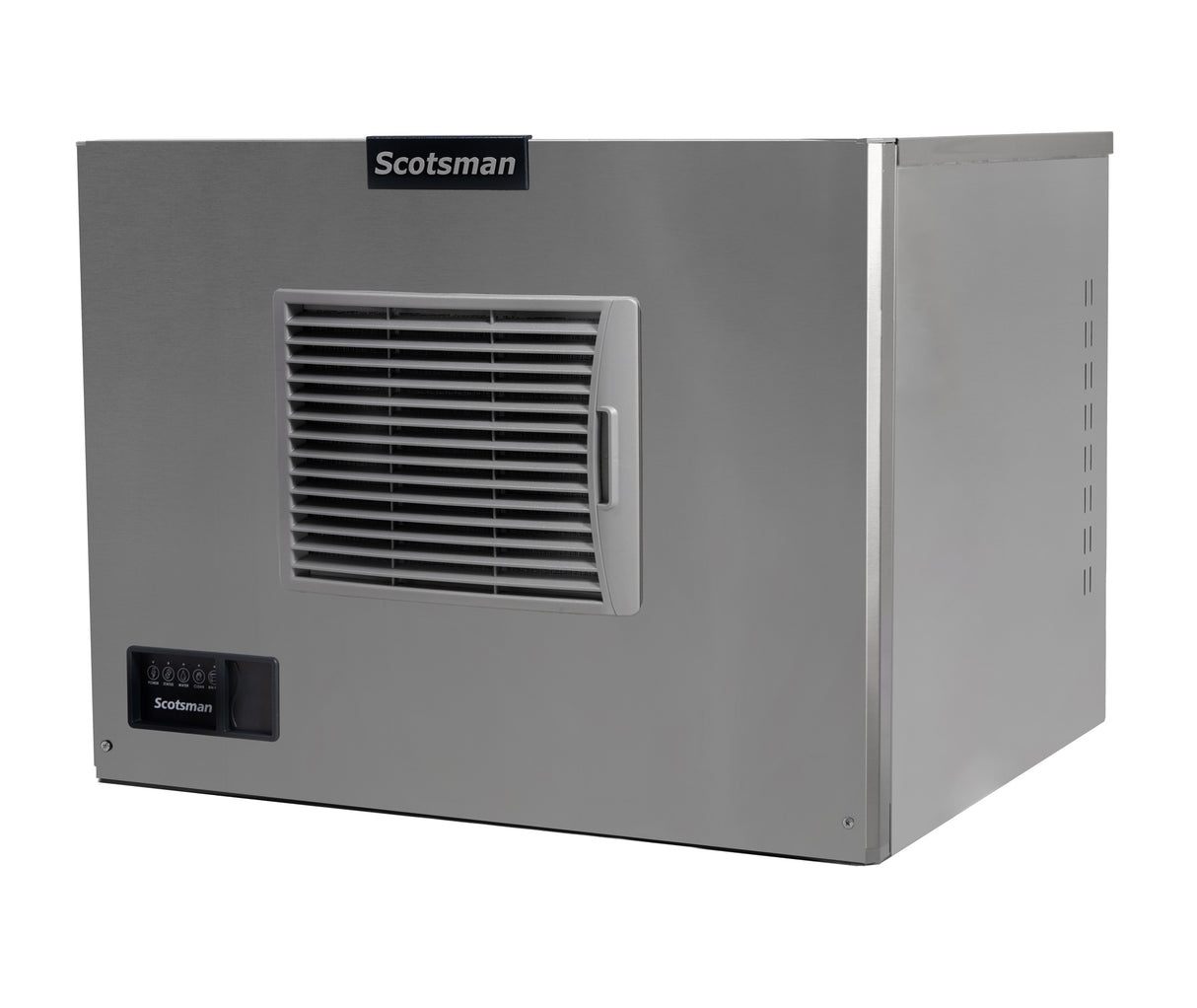 A stainless steel Prodigy ELITE Ice Maker with a horizontal vent grille on the front, a black Scotsman logo nameplate above the vent, and a control panel with indicator lights. This air-cooled ice maker is box-shaped and industrial in design.