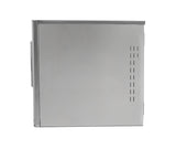 A silver metal computer tower is shown from the side against a white background. Its boxy, air-cooled case features a smooth panel with vertical ventilation slots near the right edge, similar in form to a medium cube size ice maker.