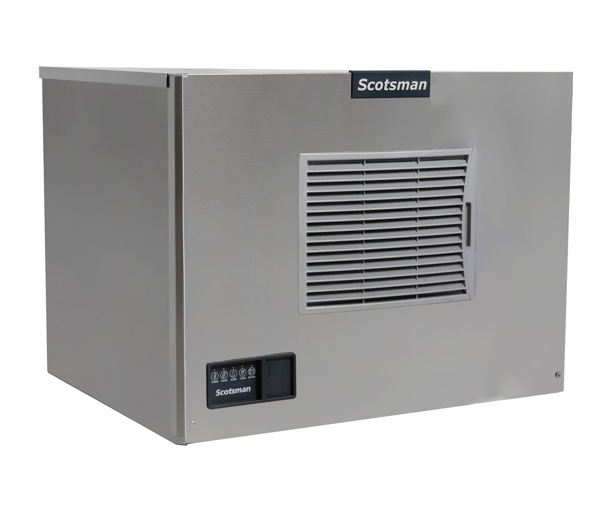 A stainless steel Scotsman air-cooled ice maker with a front vent, control panel on the lower left, and brand label on the upper front. The machine features a boxy, industrial design and produces medium cube size ice, set against a white background.