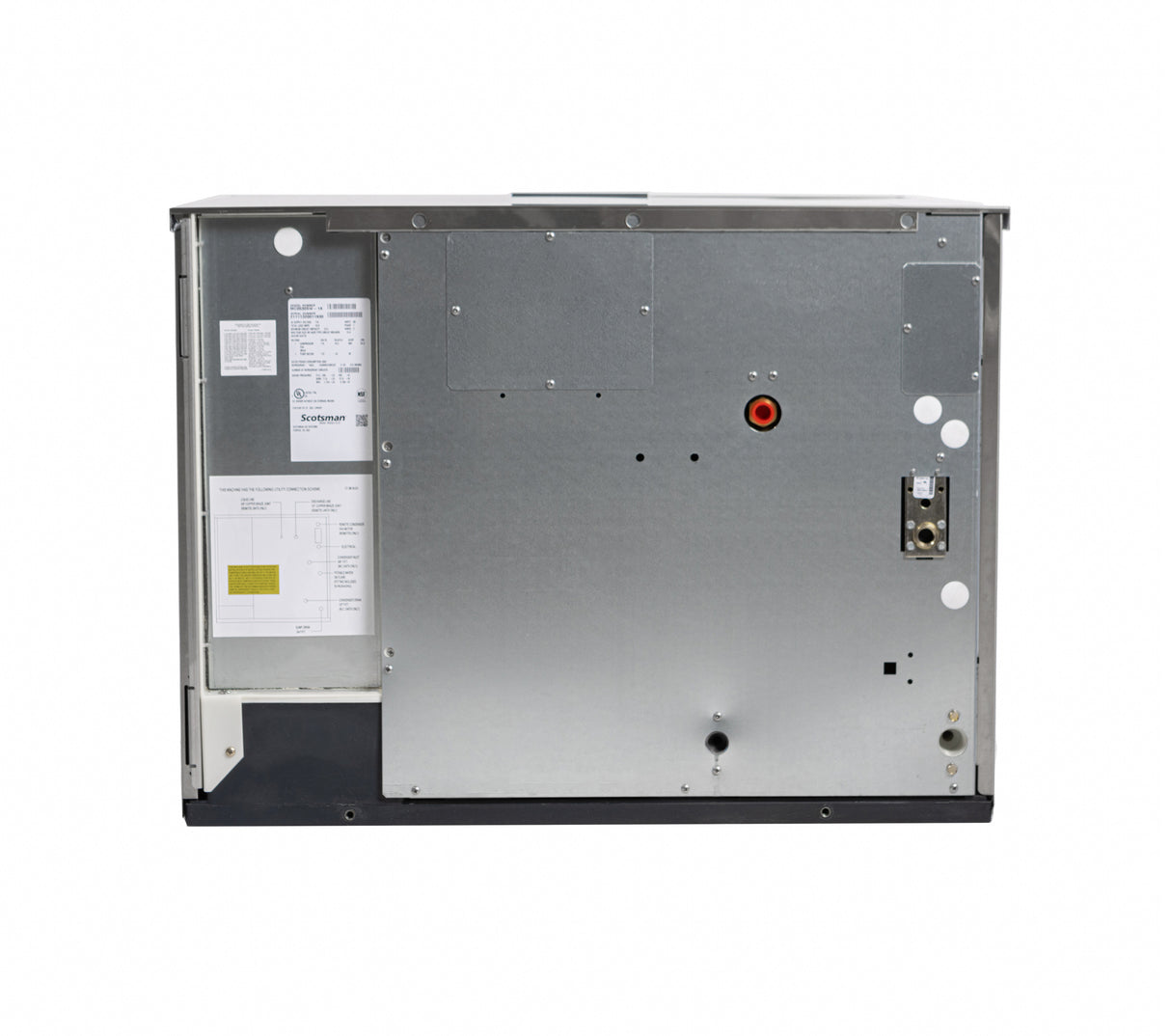 The image shows the back view of a metallic rectangular appliance, likely a water-cooled dishwasher or ice maker. The surface features various screws, labels, vents, a red port, and water hose connections, with technical specification stickers on the left side.