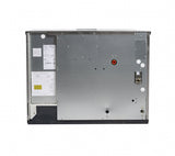 The image shows the back view of a metallic rectangular appliance, likely a water-cooled dishwasher or ice maker. The surface features various screws, labels, vents, a red port, and water hose connections, with technical specification stickers on the left side.