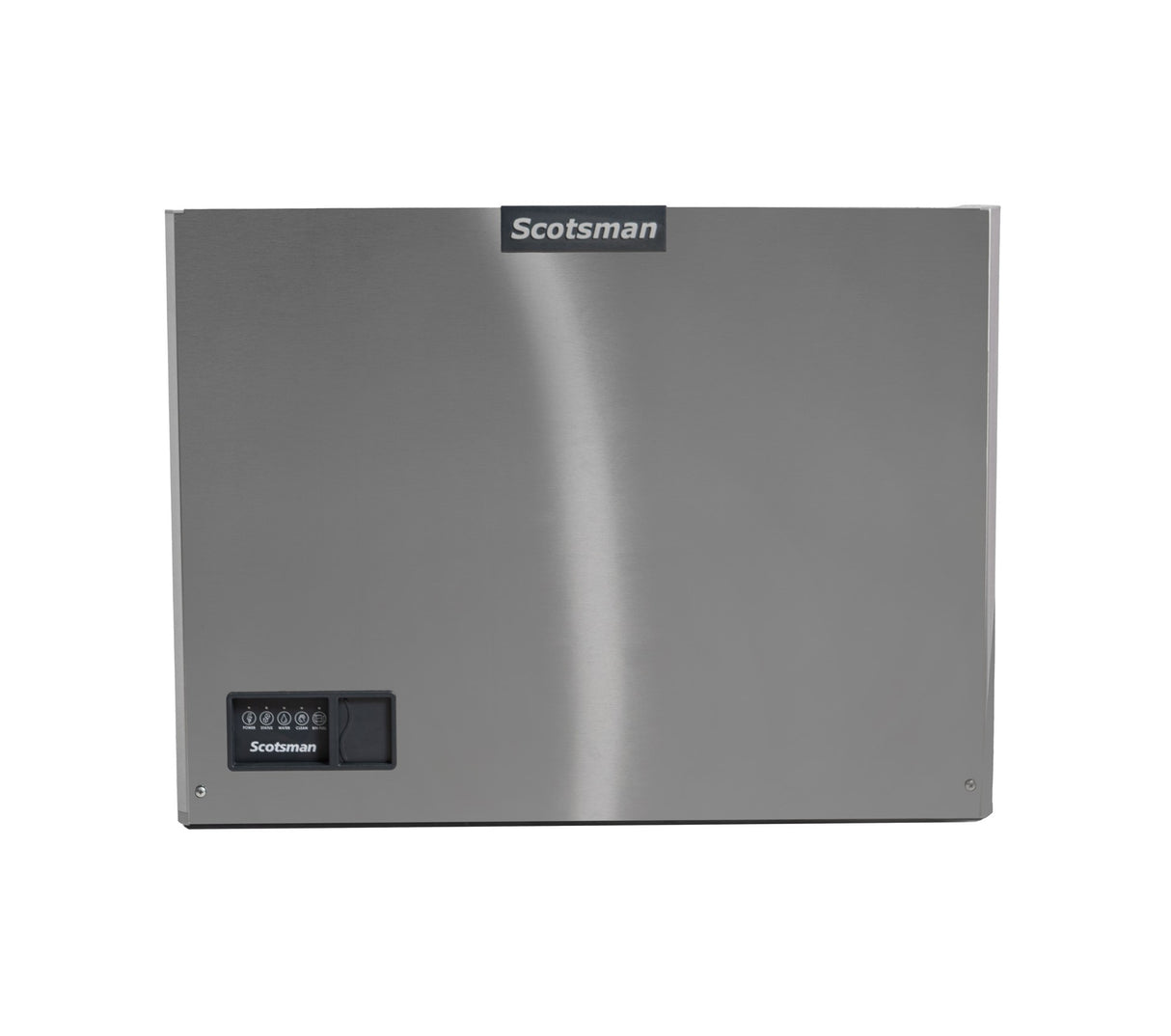 A stainless steel Scotsman ice maker faceplate with a small black control panel and label on the lower left, and a larger Scotsman logo centered at the top. The rectangular, brushed metal design suits water-cooled models and those producing small cube size ice.