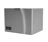 A stainless steel Scotsman ice maker with a rectangular shape, vented side panel, and control buttons on the front lower left. Featuring a black Scotsman logo, it offers small cube size ice and a water-cooled system—ideal for modern commercial kitchens.