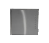A sleek, stainless steel rectangular water-cooled ice maker viewed from the side. The surface is smooth with a subtle vertical brushed pattern, and the right edge features a series of small vertical ventilation slits. The background is plain white.