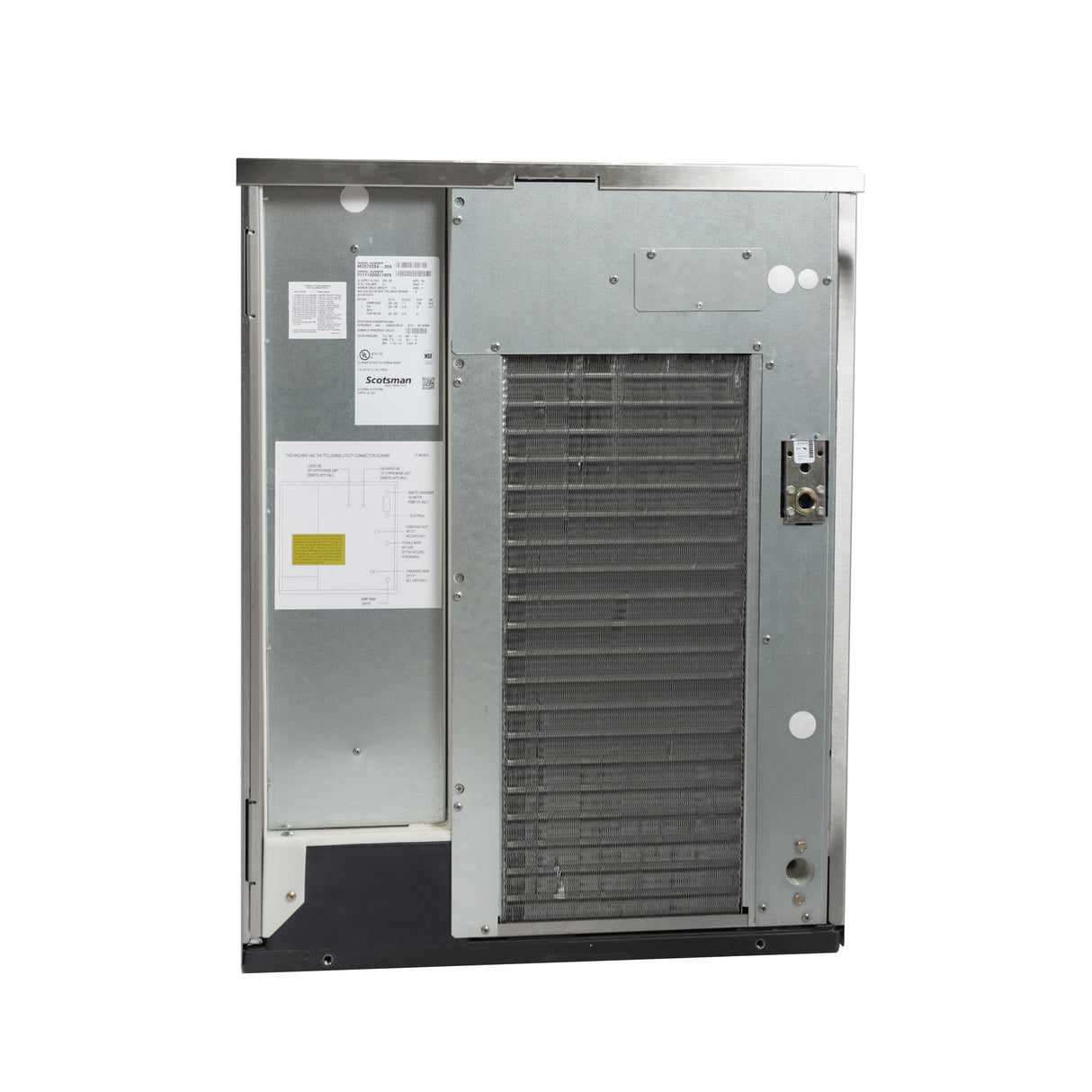 A commercial air-cooled ice maker compressor unit with an exposed metal back panel, visible internal coils, ventilation grilles, technical labels, and wiring. The rectangular design delivers industrial utility and cooling performance for the Prodigy ELITE Ice Maker.