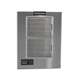 A stainless steel, air-cooled Scotsman ice maker featuring two horizontal vented panels, a black control panel with buttons and an indicator screen in the bottom left corner, and a logo label at the top against a plain white background.
