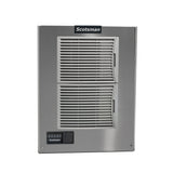 A Prodigy ELITE Ice Maker, this stainless steel ice maker features two white vented panels, a black and white Scotsman logo at the top, and a control panel with buttons and display on the lower left corner. Ideal as an air-cooled ice maker for commercial use.