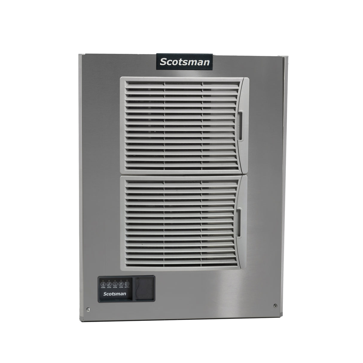 A stainless steel Scotsman air-cooled ice maker with twin vented panels, a small black digital display, and a control panel at the lower left. The cube style machine features the brand name at the top on a black label and boasts a modern, industrial design.
