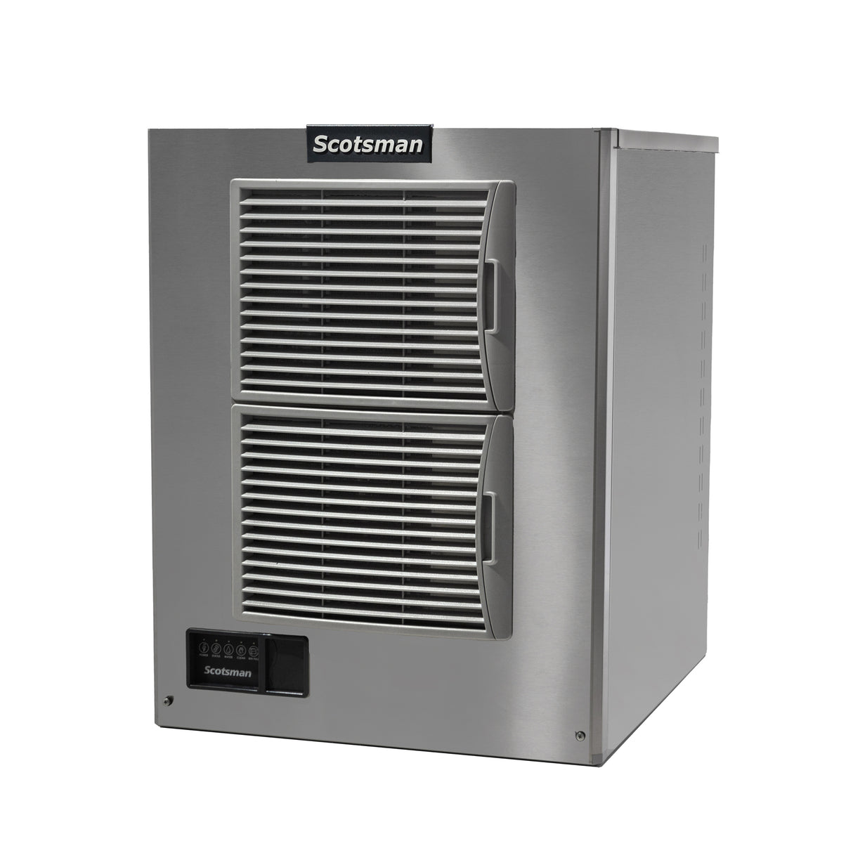 A stainless steel Scotsman air-cooled ice maker with two stacked vented doors, horizontal handles, and a control panel at the bottom left displaying labeled buttons and indicator lights. The cube style machine features a boxy, industrial design on a plain white background.