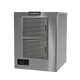 A stainless steel Prodigy ELITE Ice Maker by Scotsman with two horizontal vented doors, a digital control panel at the bottom left, and a boxy, industrial design. The sleek exterior features side rivets and prominent branding on the top front.