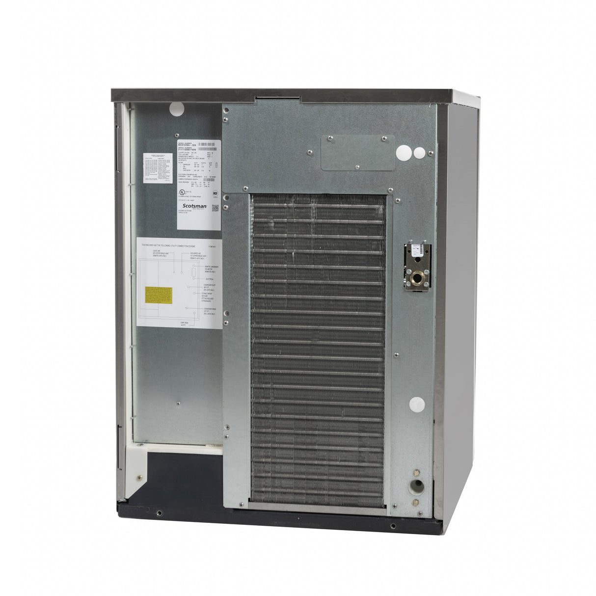 A large, rectangular, metallic HVAC unit with a prominent black, air-cooled coil in the center. Control switches and ports are on the right, while labels and specification sheets line the left panel. The background is plain white.