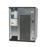 A large, rectangular, metallic HVAC unit with a prominent black, air-cooled coil in the center. Control switches and ports are on the right, while labels and specification sheets line the left panel. The background is plain white.