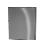 A rectangular stainless steel metal box with a smooth, reflective surface and sharp edges, standing upright on a white background. This minimalist ice maker features a closed, cube style design with no visible handles or markings.