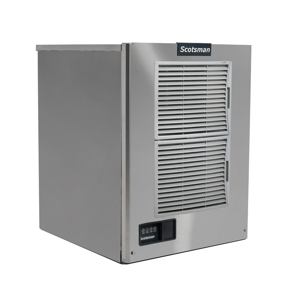 A stainless steel Scotsman ice maker featuring an air-cooled, vented front panel, a control panel with buttons at the bottom left, and a black logo at the top. Its compact, modern design suits both commercial and home use.