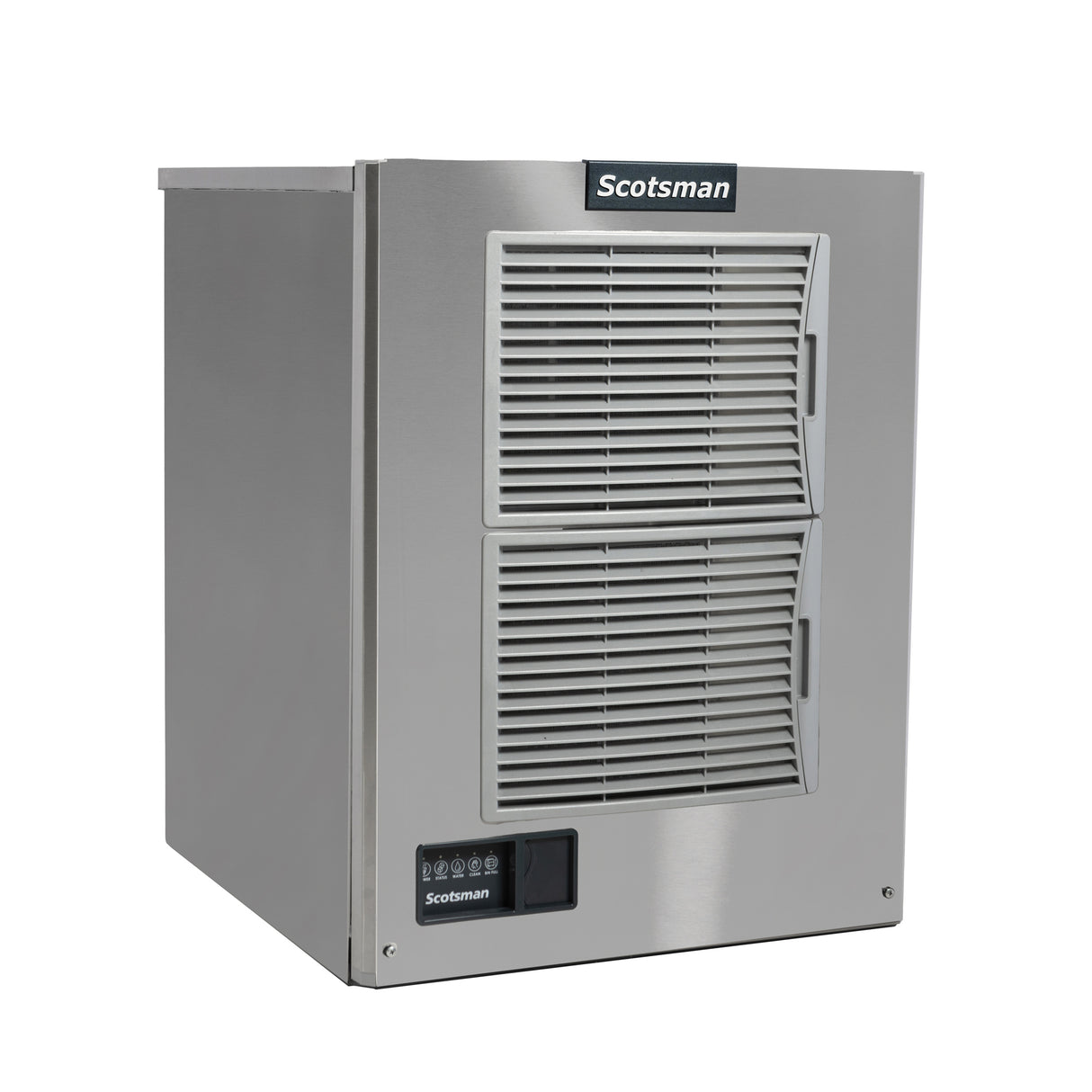 A stainless steel Scotsman cube style ice maker with two horizontal vent grilles on the front, air-cooled operation, a digital control panel with buttons and indicator lights in the lower left, and a black brand logo at the top. Clean lines complete its boxy, industrial design.
