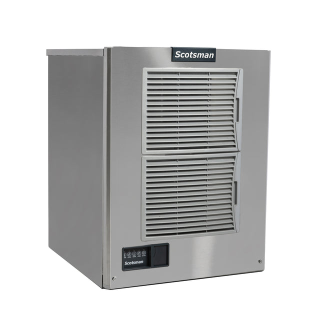 A stainless steel Scotsman cube style ice maker with two horizontal vent grilles on the front, air-cooled operation, a digital control panel with buttons and indicator lights in the lower left, and a black brand logo at the top. Clean lines complete its boxy, industrial design.