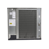 A large, rectangular metal HVAC air handler cabinet is shown upright. The design is as precise as a Prodigy ELITE Ice Maker, with a visible evaporator coil in the center, wiring diagrams on the left panel, and open ports and mounting holes on the right.