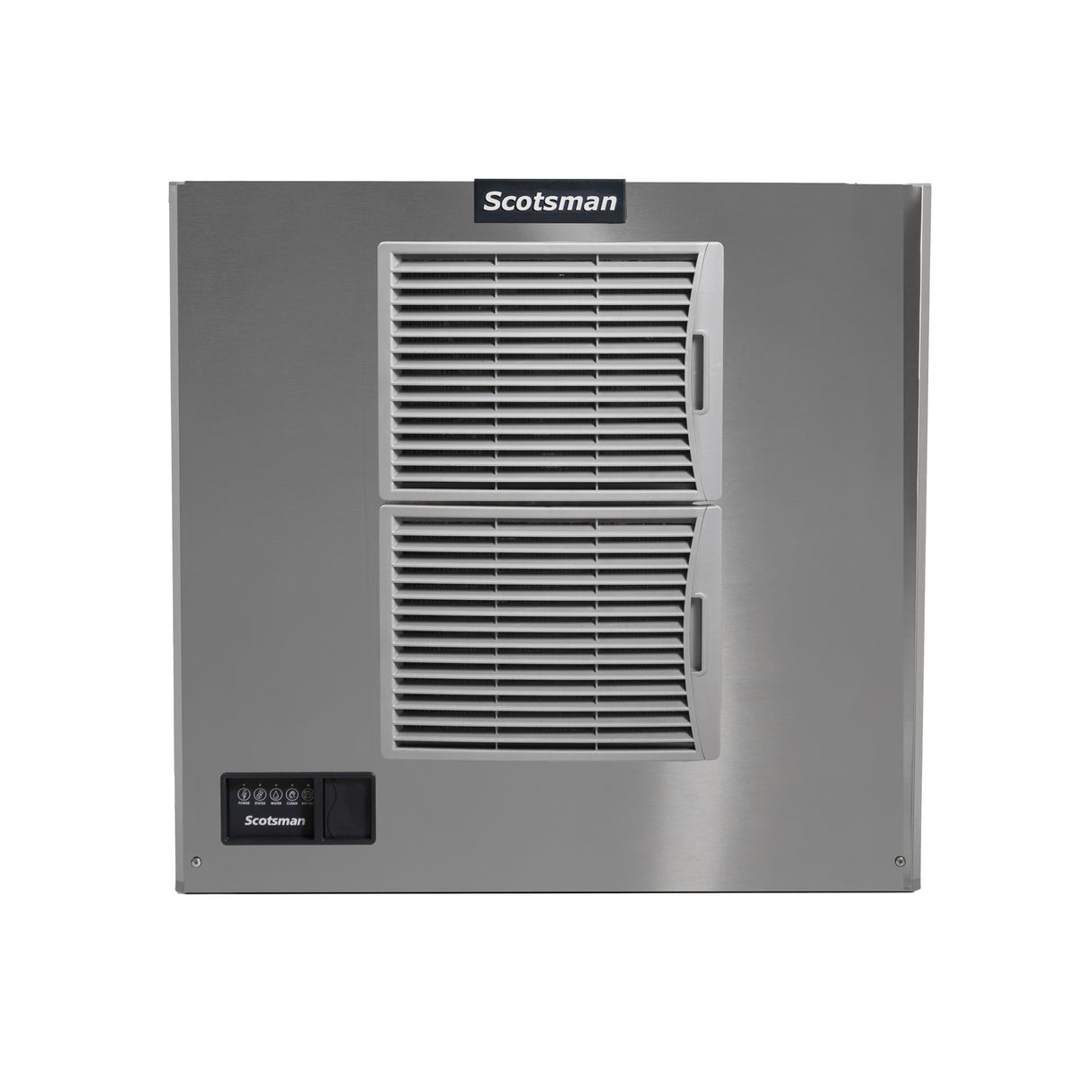 A stainless steel Prodigy ELITE Ice Maker with two vented panels and handles, a control panel with buttons in the bottom left corner, and a Scotsman logo at the top center, set against a plain white background.