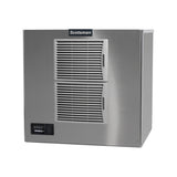 A stainless steel Scotsman cube style ice maker with two front vents, a small control panel on the bottom left, and the “Scotsman” logo above the vents. The boxy, air-cooled machine has a clean, industrial appearance against a white background.