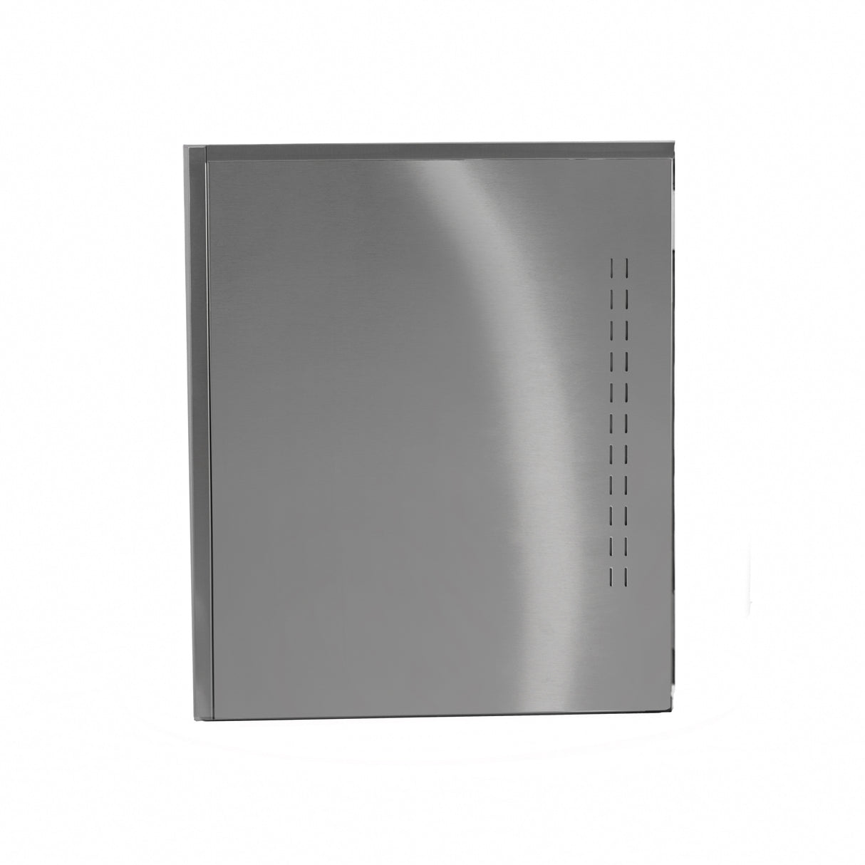 A stainless steel rectangular metal cabinet with a smooth brushed finish, this commercial ice machine features vertical ventilation slits on the right side. The cabinet is shut and photographed against a plain white background.