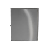 A rectangular, stainless steel metal cabinet with a smooth, reflective surface and plain design. The closed door features a subtle vertical curve on the right edge. Ideal for storing an ice maker or cube style unit, it has a sleek, modern appearance.