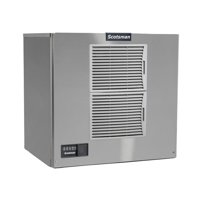 A stainless steel Prodigy ELITE Ice Maker by Scotsman features two large vented panels on the front, a small control panel with indicator lights in the lower left corner, and the logo above. This air-cooled ice maker has a boxy, industrial design.