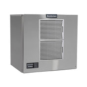 A stainless steel, air-cooled commercial ice maker with two front ventilation grills, a small control panel on the bottom left, and the Scotsman brand name at the top center. The cube style unit features a boxy shape and a sleek, modern appearance.