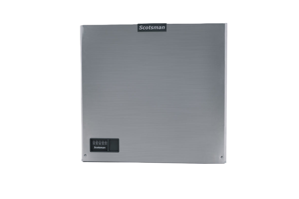 A stainless steel, wall-mounted Scotsman Prodigy ELITE Ice Maker panel with a sleek, square design. The Scotsman logo is centered at the top, and a small compartment with buttons and another logo is on the lower left. Background is plain white.