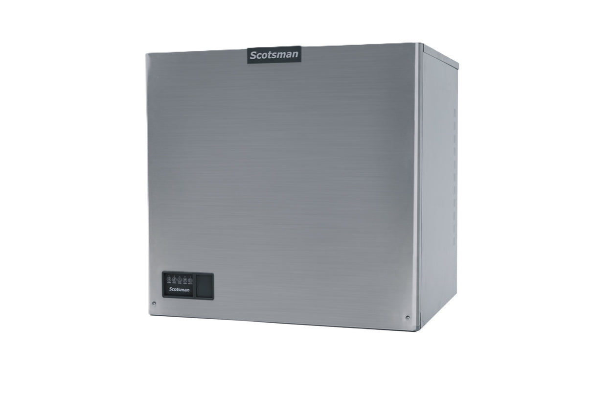A stainless steel Scotsman Prodigy ELITE ice maker with a brushed metal finish, a black Scotsman logo at the top center, and a small control panel on the lower left front. The cube style unit sits against a plain white background.
