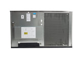 A large rectangular metal air-cooled ice machine HVAC unit with a visible wiring diagram, labels, and control panel on the left; the right side features a large metal coil grid. The unit is photographed against a plain white background.