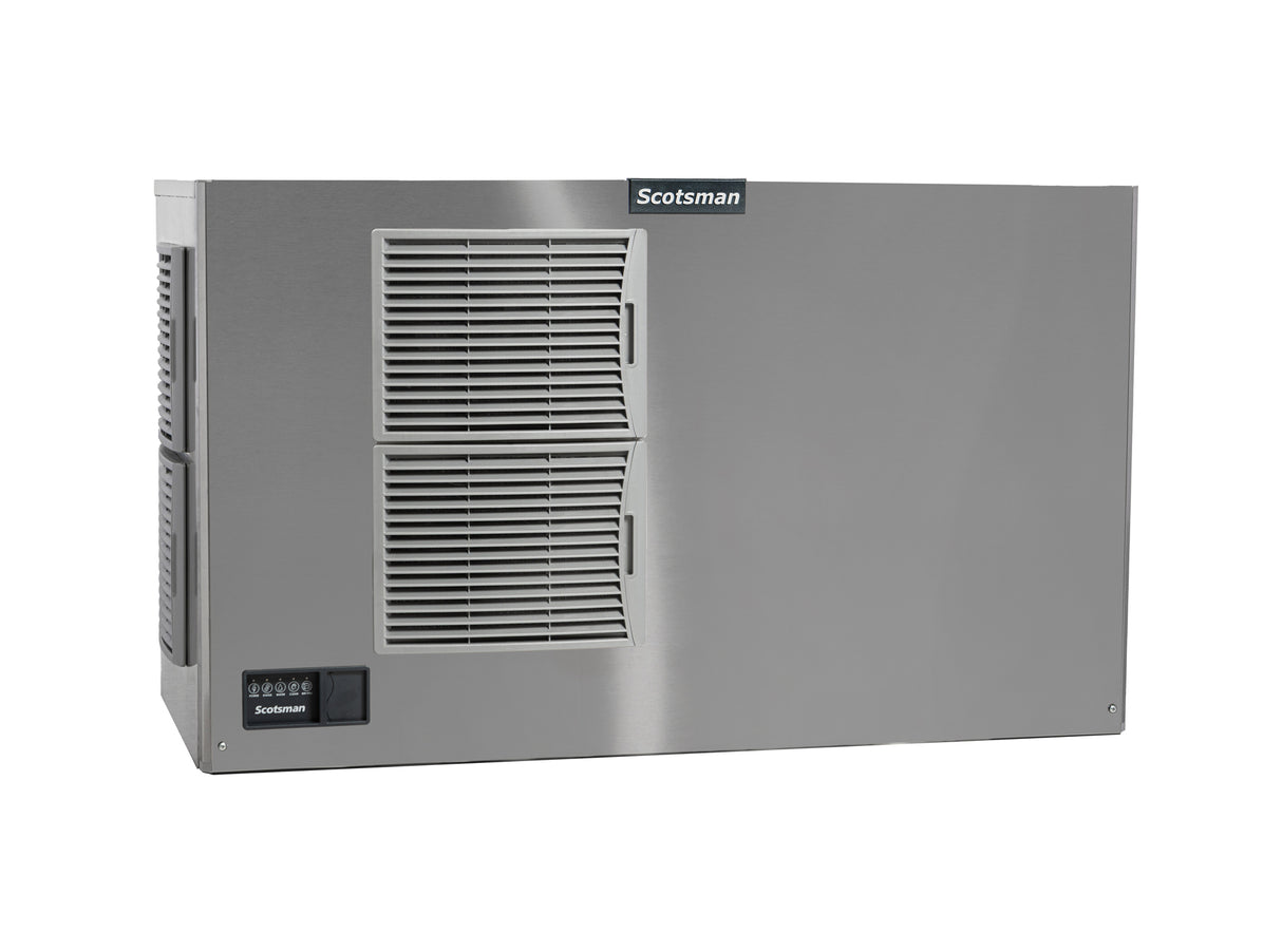 A commercial Scotsman air-cooled ice machine in stainless steel, featuring two horizontal vents on the left side and a small control panel with buttons at the bottom left. The sleek unit boasts clean edges and a prominent Scotsman logo on the upper vent.